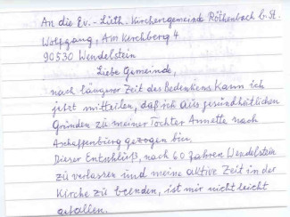 Brief von Fr. Büche an die Gemeinde