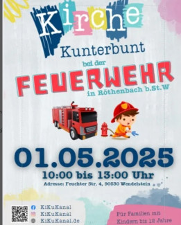 Plakat Kirche Kunterbunt 1.5.25 bei der Feuerwehr