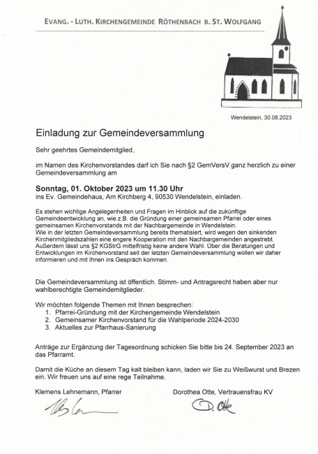 Einladung zur Gemeindeversammlung am 1.10.23