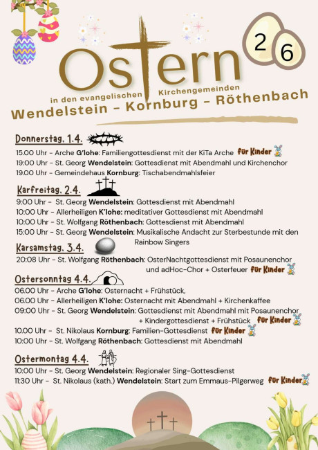 Übersicht der Gottesdienst von Gründonnerstag bis Ostermontag 2026